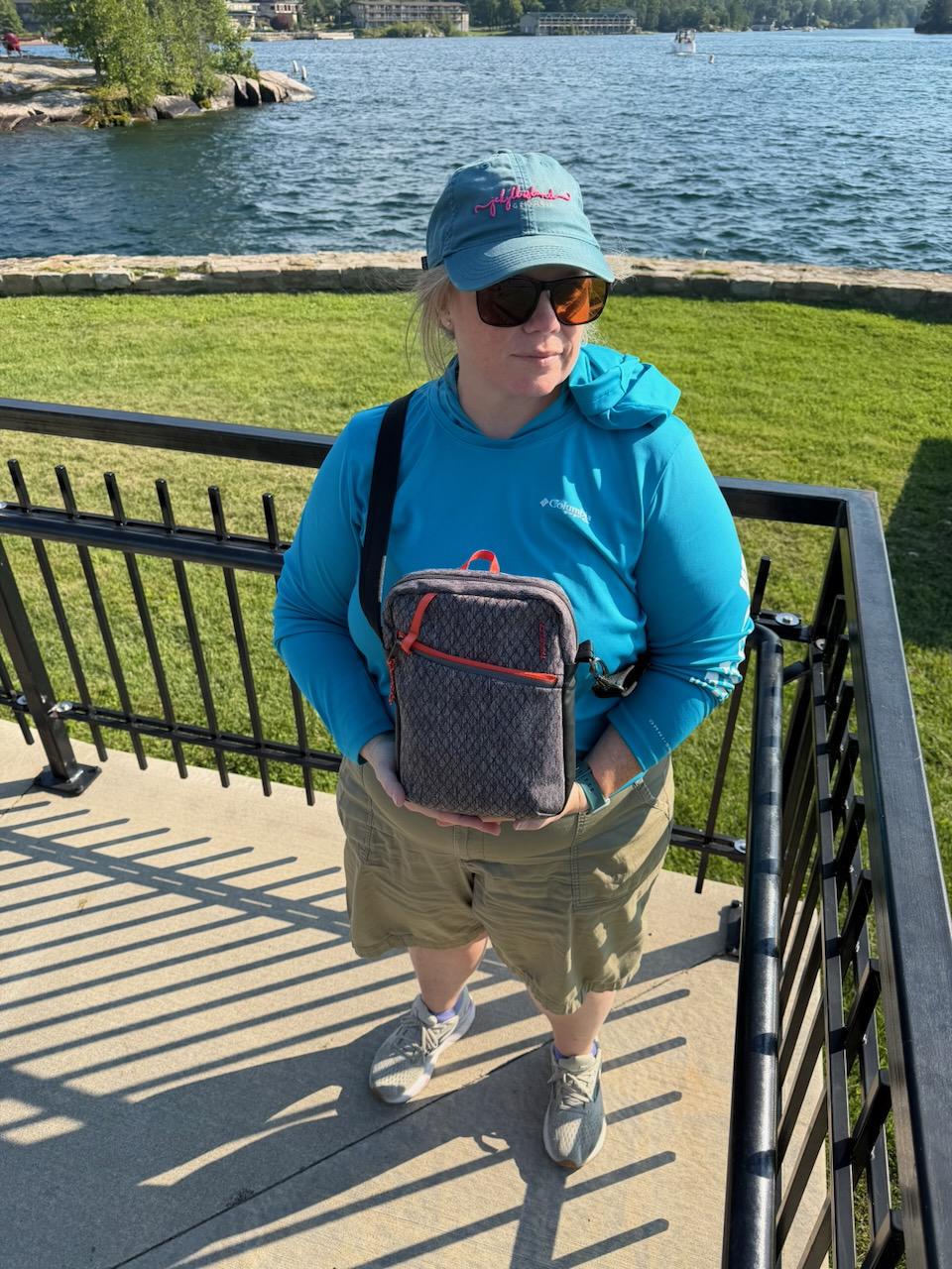 Kate showing her TravelOn crossbody bag